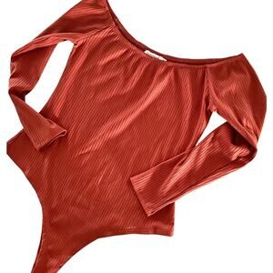 JustFab XL bodysuit off the shoulder top blouse orange rust red sleeves sexy